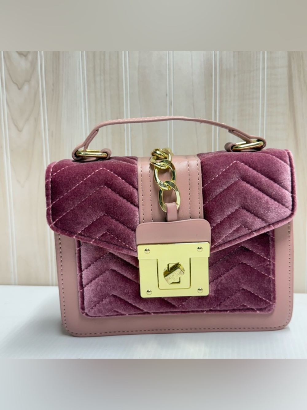 Velvet Chevron Top-Handle Bag in Dusty Rose